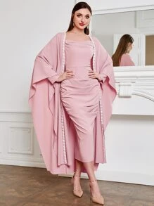 Al Najma Lace Trim Coat & Square Neck Dress Set - Dusty Pink - View 7