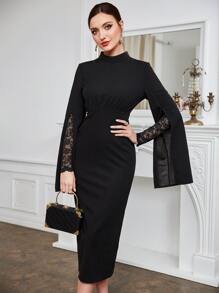 Modelyn Contrast Lace Sleeve Mock Neck Dress - Black - View 1