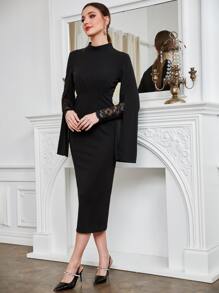 Modelyn Contrast Lace Sleeve Mock Neck Dress - Black - View 4