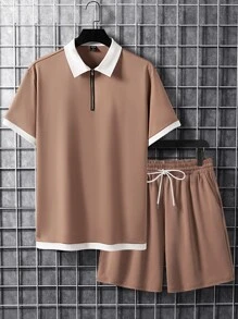 Manfinity Men Contrast Trim Polo Shirt & Drawstring Waist Shorts - Brown - View 1