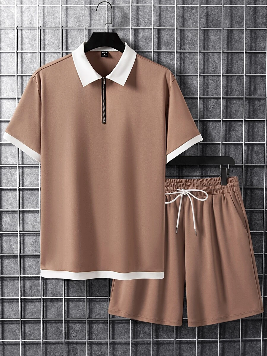 Manfinity Men Contrast Trim Polo Shirt & Drawstring Waist Shorts - Brown - View 1