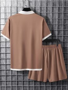 Manfinity Men Contrast Trim Polo Shirt & Drawstring Waist Shorts - Brown - View 2