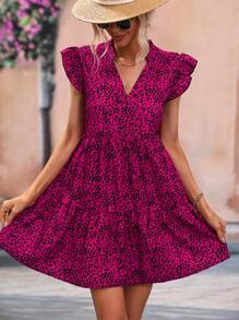Breezaya Dalmatian Print Notched Neckline Ruffle Hem Smock Dress - Hot Pink - View 3