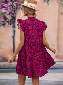 Breezaya Dalmatian Print Notched Neckline Ruffle Hem Smock Dress - Hot Pink - View 2