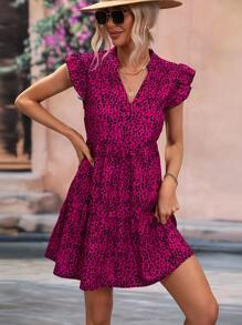 Breezaya Dalmatian Print Notched Neckline Ruffle Hem Smock Dress - Hot Pink - View 5