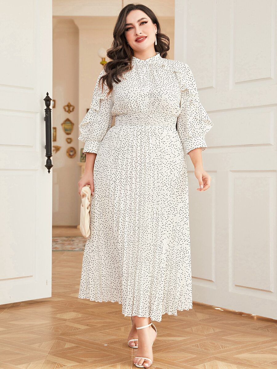 Mulvari Plus Polka Dot Print Ruffle Detail Pleated Hem Dress Maxi Women Outfit