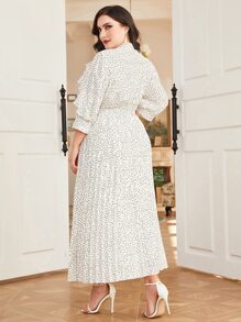 Mulvari Plus Polka Dot Print Ruffle Detail Pleated Hem Dress Maxi Women Outfit