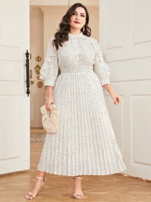 Mulvari Plus Polka Dot Print Ruffle Detail Pleated Hem Dress Maxi Women Outfit