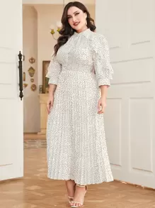 Mulvari Plus Polka Dot Print Ruffle Detail Pleated Hem Dress Maxi Women Outfit