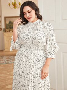 Mulvari Plus Polka Dot Print Ruffle Detail Pleated Hem Dress Maxi Women Outfit