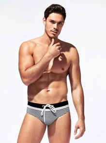 Manfinity Men Striped Knot Waist Swim Brief - Black and White - View 3