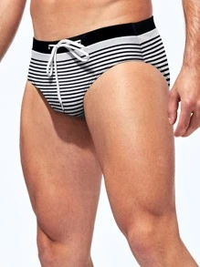 Manfinity Men Striped Knot Waist Swim Brief - Black and White - View 4