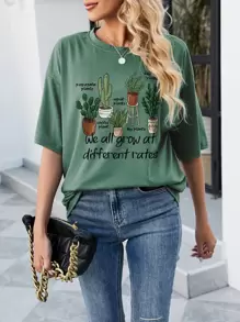 SHEIN LUNE 仙人掌和標語圖案落肩T恤 - 綠色 - 查看 1