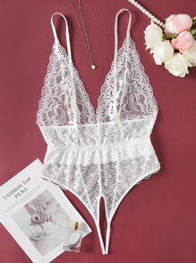 Plus Floral Lace Scallop Trim Crotchless Teddy Bodysuit - White - View 1