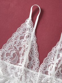 Plus Floral Lace Scallop Trim Crotchless Teddy Bodysuit - White - View 3