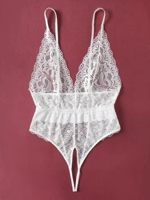 Plus Floral Lace Scallop Trim Crotchless Teddy Bodysuit - White - View 4