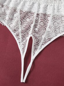 Plus Floral Lace Scallop Trim Crotchless Teddy Bodysuit - White - View 5