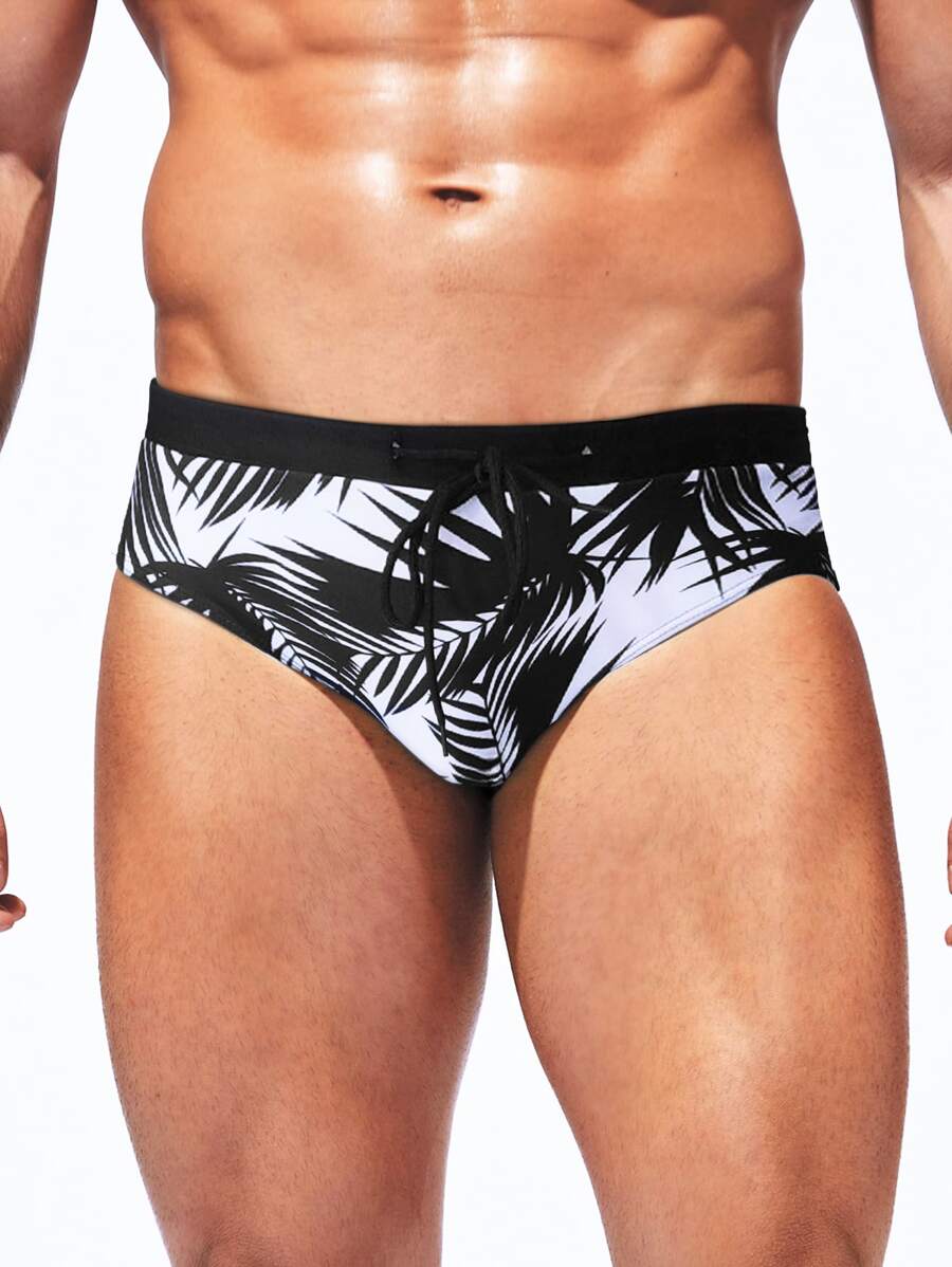 Manfinity Swimmode Men Tropical Print Swim Brief - Black and White - View 1