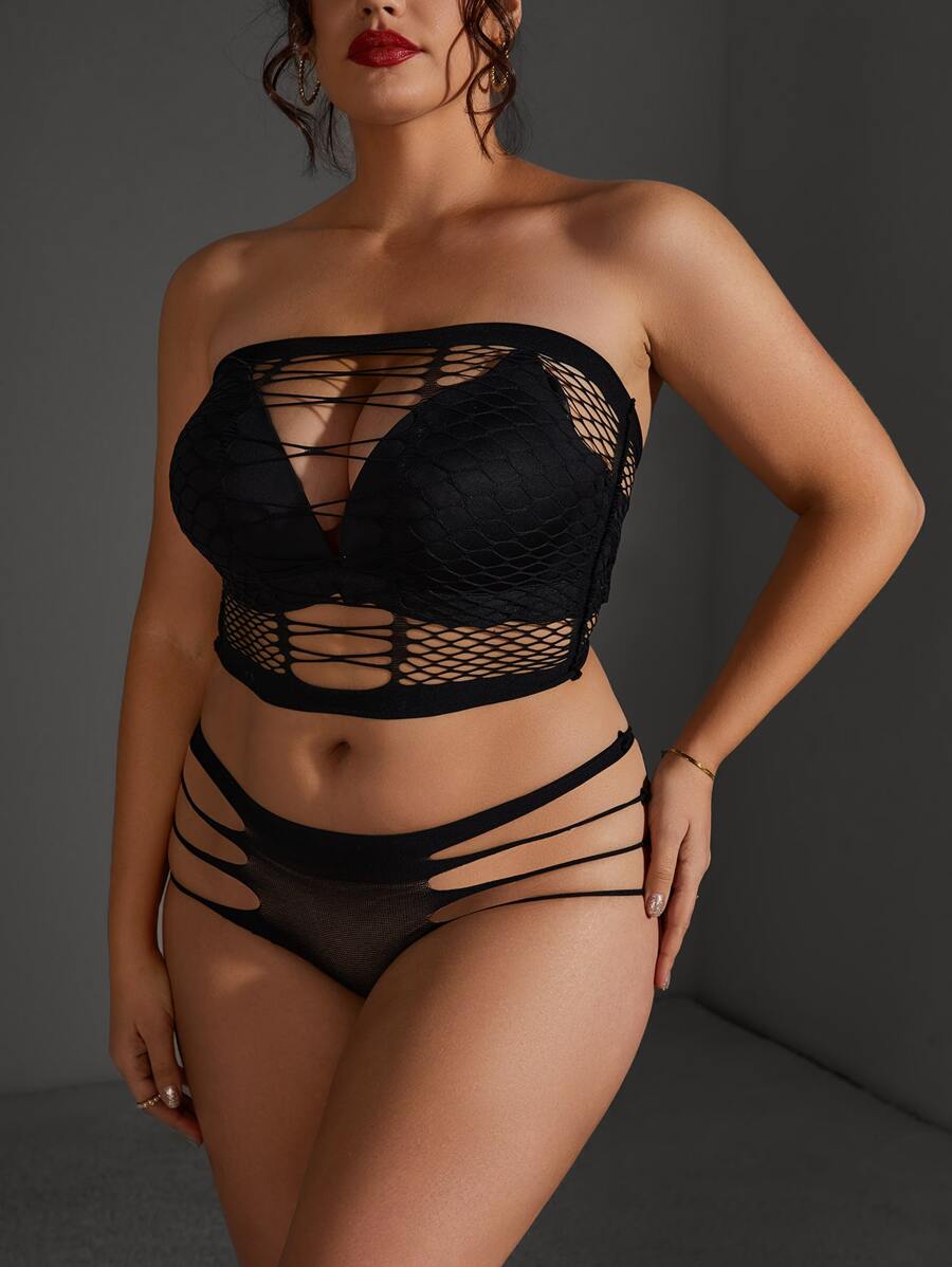 Plus Size 2packs Crisscross Front Cut Out Lace Lingerie Set - Black - View 1