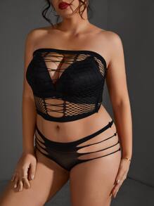 Plus Size 2packs Crisscross Front Cut Out Lace Lingerie Set - Black - View 4