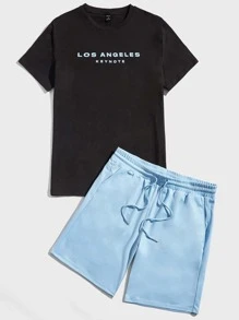 Manfinity Men Letter Graphic Tee & Drawstring Waist Shorts - Multicolor - View 5