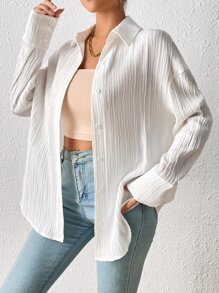 SHEIN Frenchy Áo sơ mi nữ Chia Nút phía trước màu trơn Giải trí - trắng - Xem 4