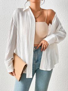 SHEIN Frenchy Áo sơ mi nữ Chia Nút phía trước màu trơn Giải trí - trắng - Xem 2