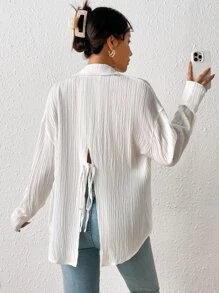 SHEIN Frenchy Áo sơ mi nữ Chia Nút phía trước màu trơn Giải trí - trắng - Xem 1