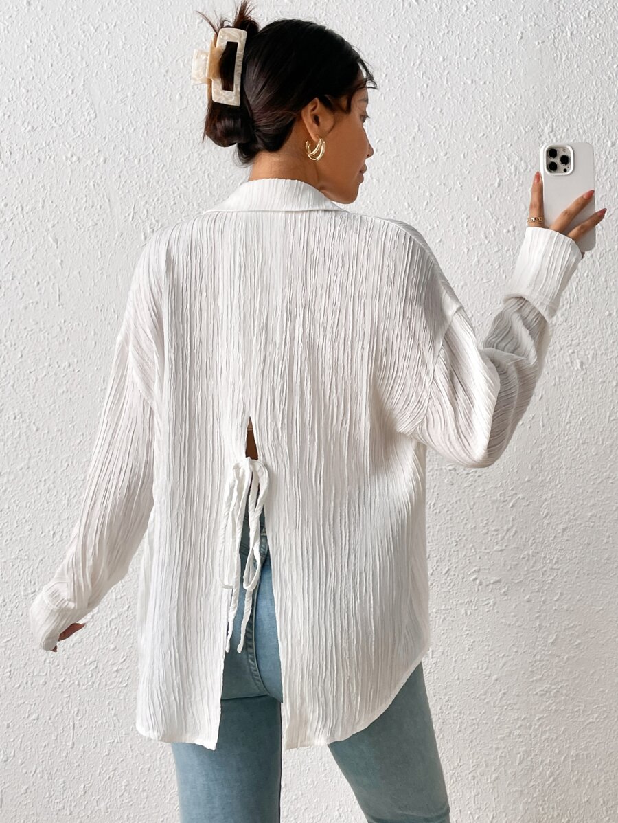 SHEIN Frenchy Áo sơ mi nữ Chia Nút phía trước màu trơn Giải trí - trắng - Xem 1