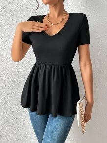 SHEIN Frenchy 素色荷葉邊T恤 - 黑色 - 查看 1