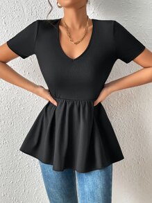 SHEIN Frenchy 素色荷葉邊T恤 - 黑色 - 查看 3