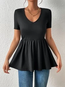 SHEIN Frenchy 素色荷葉邊T恤 - 黑色 - 查看 4