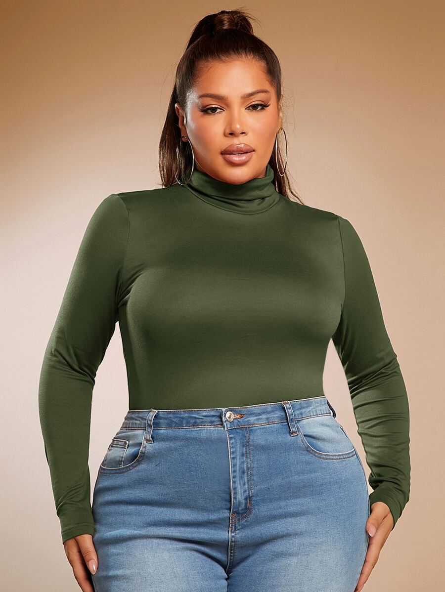 SHEIN SXY Plus High Neck Solid Tee - Army Green - View 1