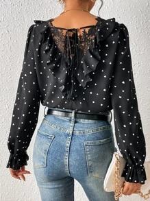 SHEIN Frenchy Heart Print Guipure Lace Insert Ruffle Trim Flounce Sleeve Blouse,Long Sleeve Tops Winter Thanks Giving Elegant Black Black - Black - View 1