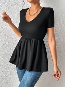 SHEIN Frenchy 素色荷葉邊T恤 - 黑色 - 查看 5