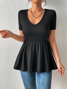 SHEIN Frenchy 素色荷葉邊T恤 - 黑色 - 查看 6