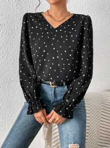 SHEIN Frenchy Heart Print Guipure Lace Insert Ruffle Trim Flounce Sleeve Blouse,Long Sleeve Tops Winter Thanks Giving Elegant Black Black - Black - View 2