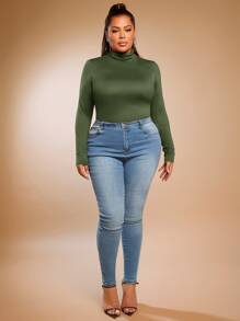 SHEIN SXY Plus High Neck Solid Tee - Army Green - View 3