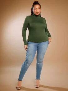 SHEIN SXY Plus High Neck Solid Tee - Army Green - View 4