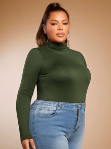 SHEIN SXY Plus High Neck Solid Tee - Army Green - View 5
