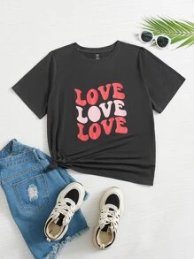 SHEIN EZwear Plus Letter Graphic Tee - Dark Grey - View 1