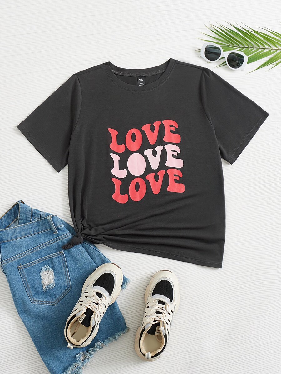 SHEIN EZwear Plus Letter Graphic Tee - Dark Grey - View 1