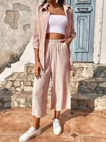 SHEIN Frenchy Pocket Patched Drop Shoulder Shirt & Wide Leg Trousers - Baby Pink - View 1