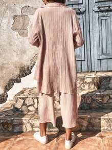 SHEIN Frenchy Pocket Patched Drop Shoulder Shirt & Wide Leg Trousers - Baby Pink - View 2