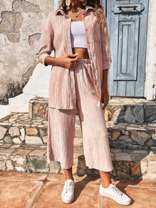 SHEIN Frenchy Pocket Patched Drop Shoulder Shirt & Wide Leg Trousers - Baby Pink - View 3