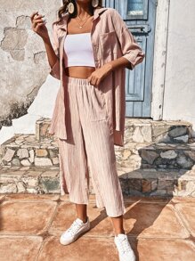 SHEIN Frenchy Pocket Patched Drop Shoulder Shirt & Wide Leg Trousers - Baby Pink - View 4