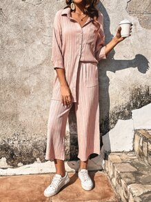 SHEIN Frenchy Pocket Patched Drop Shoulder Shirt & Wide Leg Trousers - Baby Pink - View 5