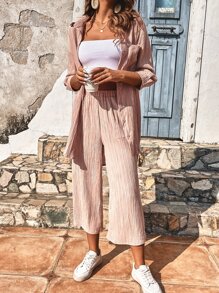 SHEIN Frenchy Pocket Patched Drop Shoulder Shirt & Wide Leg Trousers - Baby Pink - View 6