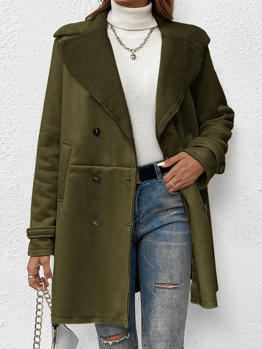 SHEIN EZwear 西裝領雙排釦毛絨內襯外套