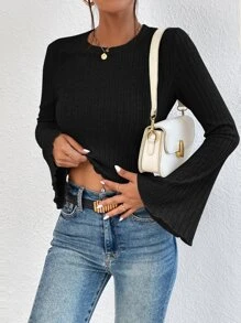 SHEIN Essnce Solid Flounce Sleeve Tee - Black - View 4